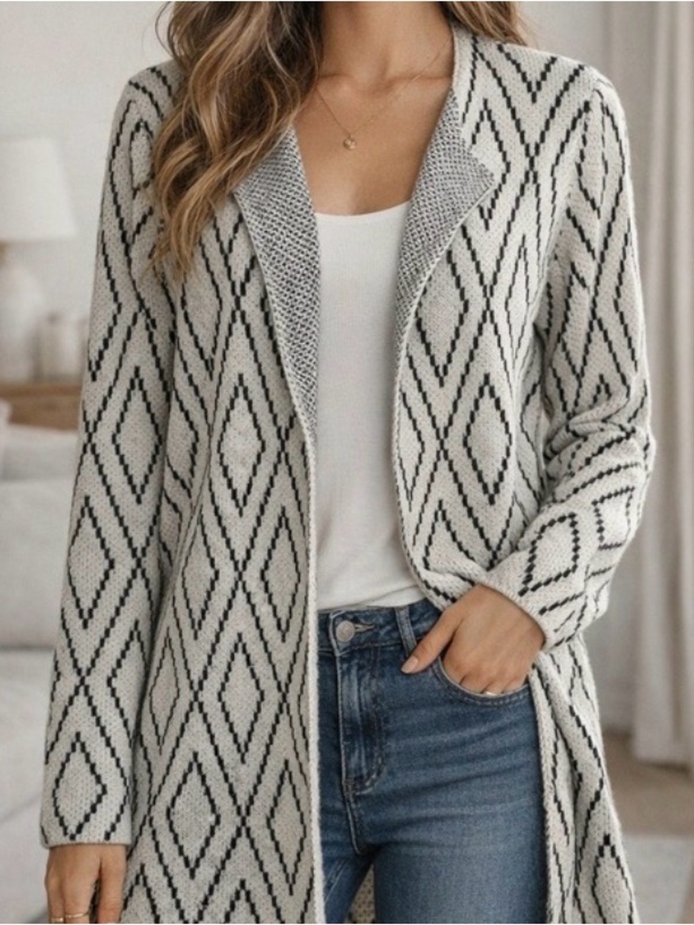 Oliver by Escio Diamond Aztec Cardigan‎ Sweater Women XL Cabincore CozycoreLong